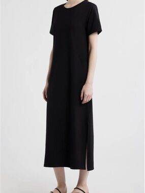 Eileen Fisher Black Midi T-Shirt Dress with Side Slit